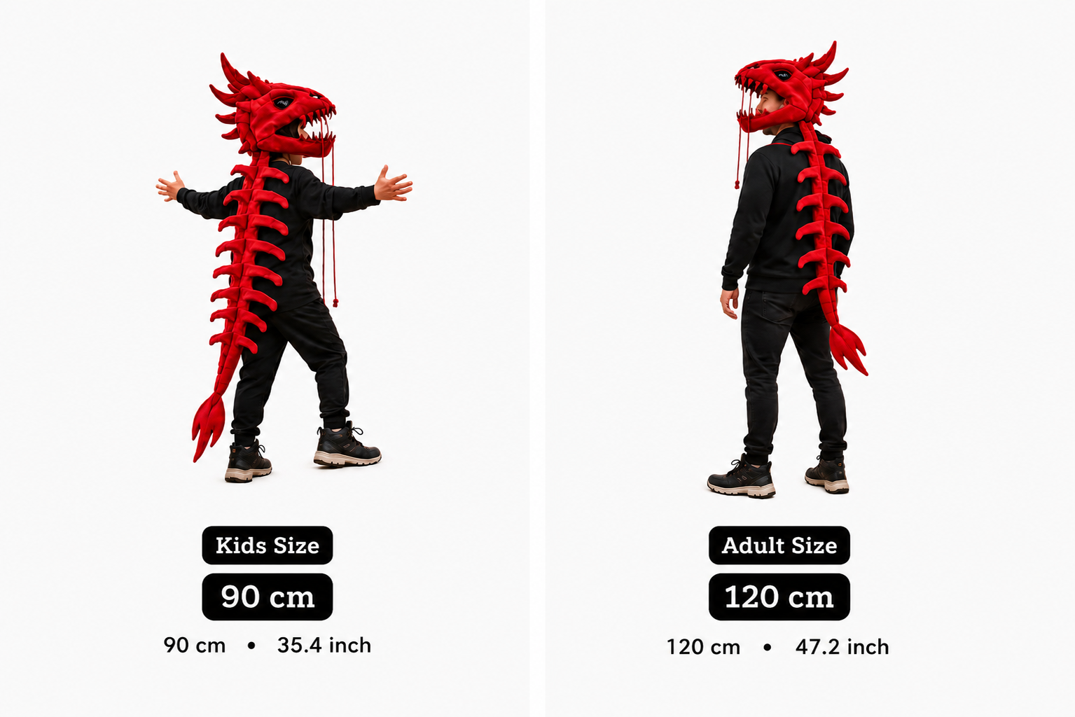Dragon costume with size chart for kids and adults on a white background