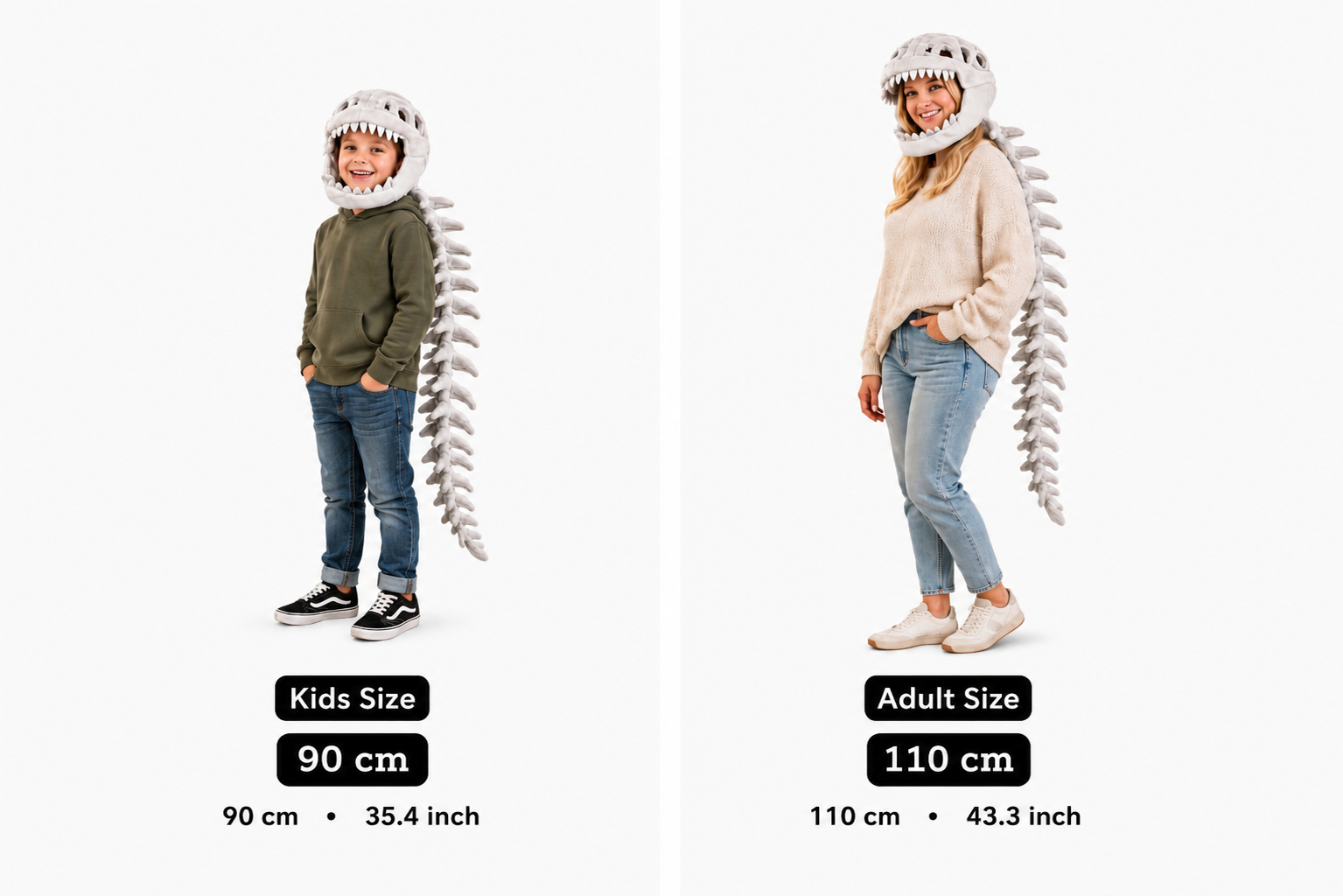 Two people wearing dinosaur costumes with size indicators for kids and adults.